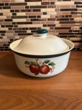 White Ceramic Casserole Dish with Apple Motif and Green Trim